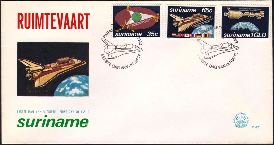 SURINAM 1982 Peaceful Uses of Space,Satellites,Space Shuttle,Apollo-Soyuz,FDC - Image 1 of 1