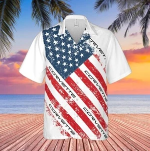 Corvette C6 American Flag Hawaiian Shirt for Men Button Down Patriotic Apparel - Picture 1 of 2