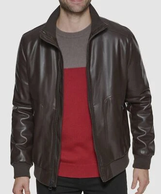 $595 Calvin Klein Men's Brown Faux Leather Bomber Full-Zip Moto Jacket Size L - Image 1 of 2