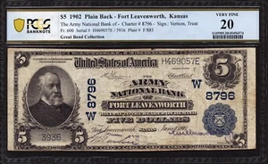 $5 1902 PB The Army National Bank of Fort Leavenworth, Kansas CH 8796 PCGS 20 - Picture 1 of 2