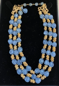 Crown Trifari 3 Strand Blue Glass Gold Bead Mediterranean Choker Necklace - Bild 1 von 11