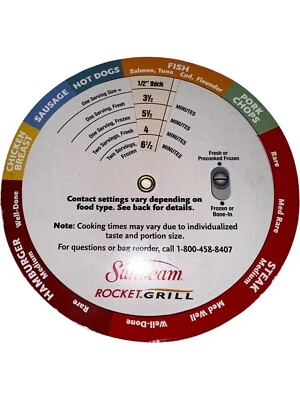 Sunbeam Rocket Grill Quick Reference Guide Times Chart Manual Accessory - Image 1 of 4