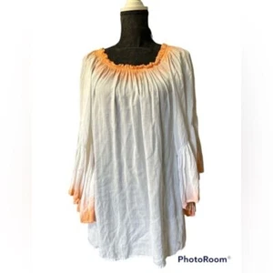 Elan White Gauze Top Peach Accents Bell Sleeves Can wear off shoulder One Size - Picture 1 of 5