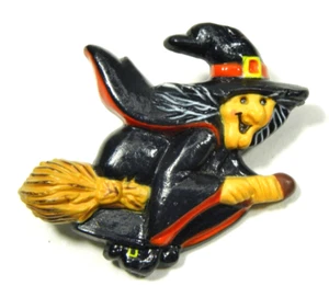Broche broche escoba bruja vintage Halloween plástico sello negro - Imagen 1 de 2