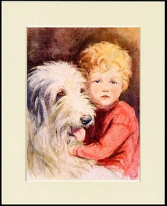 OLD ENGLISH SHEEPDOG AND BOY LOVELY DOG PRINT MOUNTED READY TO FRAME - Bild 1 von 1