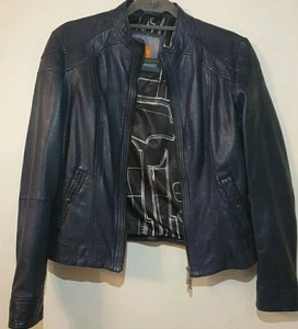 Hugo Boss Leather Jacket Size 12 Real 100% Genuine Biker Navy Sheepskin Eur 40 - Picture 1 of 17