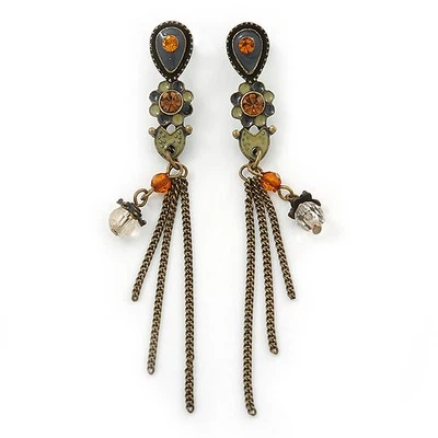Enamel Floral with Chains Drop Earrings In Bronze Tone/ Grey/ Olive/ 8cm L - Image 1 of 4