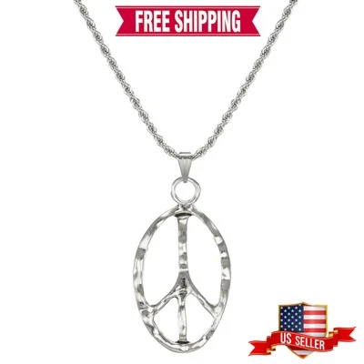 Cadena de cuerda de acero inoxidable unisex de alta calidad y moderno letrero de paz ovalado martillado Foto 1 de 4