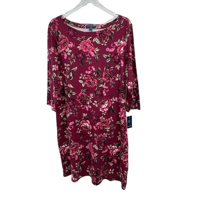 Karen Scott Sport dress women's 1X floral midi burgundy wine stretch resortwear  - Image 1 of 4