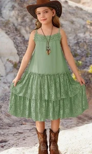 Girls Boho Lace Backless Long Party Dress 14 Years Light Green - Picture 1 of 9