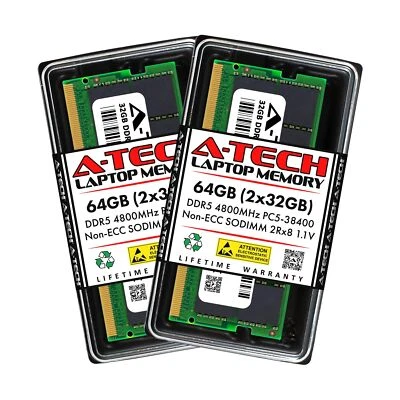 A-Tech 64GB Kit (2x32GB) DDR5 4800MHz PC5-38400 CL40 SODIMM 2Rx8 1.1V Non-ECC... - Image 1 of 4