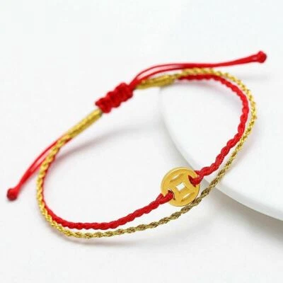Real 999 24K Yellow Gold Bracelet 3D Craft Coin Bead Lucky Gold Red Cord Bangle - Image 1 of 4