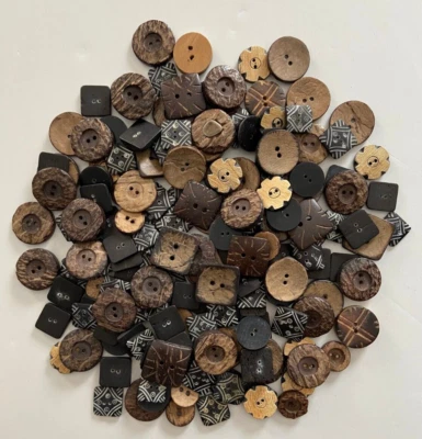 100 pc Mixed Lot Assorted Coconut Shell Buttons Links Connectors Crafts Jewelry - Image 1 of 4