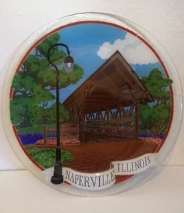 2004 Peggy Karr Naperville Illinois Covered Bridge 11" Round Art Glass Plate EUC - Picture 1 of 7