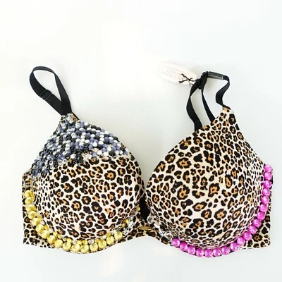 VICTORIAS SECRET  Bra 32DD M Brown Push Up Padded Leopard Rhinestone RARE  - Image 1 of 4