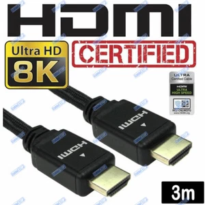 V2.1 BLACK 3m ULTRA HD CERTIFIED 8K HDMI LEAD UHD HDR PS5 XBOX TV BRAIDED CABLE - Picture 1 of 1