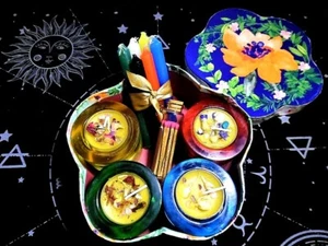 4 elemental lucite holders, beeswax candles, 6 spell candles triquestra, matches - Picture 1 of 12