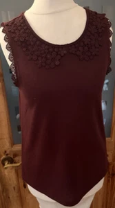 Ladies Size Uk 6 Burgundy Floral Lace Trim Top Topshop Vgc - Picture 1 of 5