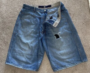 Vintage Y2K Marithe Francois Girbaud Baggy Shorts Blue Denim Sz 38 W/ Hole - Picture 1 of 7