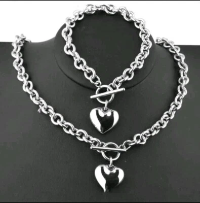 Two piece silver heart charm t-bar link necklace and bracelet with gift box 628 - Image 1 of 4