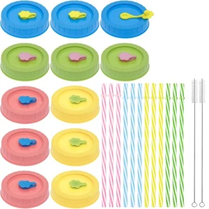 Regular Mouth Mason Jar Lids with Straw Hole/Stoppers/Silicone Rings/Cleaning... - Picture 1 of 8