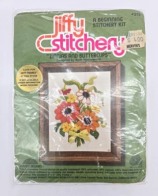 Jiffy Stitchery Zinnias Buttercups #213 Embroidery Kit 4” x 5” Wool Needlepoint - Image 1 of 4
