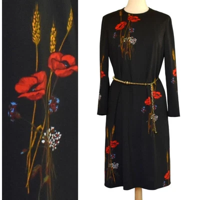 Vintage 60s Adele Simpson Floral Print Black Rayon Jersey Dress, Size M Medium - Image 1 of 4