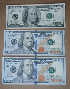LOT (3) $100 Dollar Bills Star Notes * 1996 & 2009 Fancy Serial Number - Picture 1 of 10