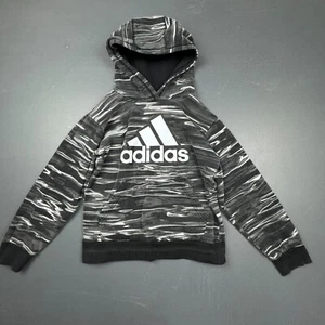 Adidas Boys Hoodie Medium 10/12 Black Gray Camo Pullover Sweatshirt Logo Casual - Picture 1 of 7