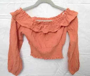 NWT Lulus Summer Sailing Terra Cotta Long Sleeve Smocked Ruffled Crop Top XS - Picture 1 of 5