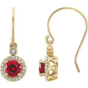 Chatham Lab-Created Ruby & Diamond Halo-Style Earrings In 14K Yellow Gold - Picture 1 of 2