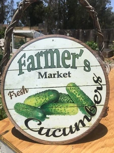 Farmers Market Fresh Cucumber Round Sign Tin Vintage Garage Bar Decor Old Rustic - Picture 1 of 1