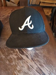 New Era Atlanta Braves Road Navy - 7 3/8 - 59Fifty Hat MLB Black White A - Picture 1 of 5