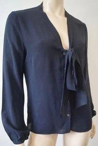 Blusa Camisa Top MICHAEL KORS Azul Negro Seda Cierre Cuello en V Manga Larga UK10 - Imagen 1 de 7