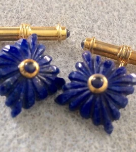 VINTAGE SAPPHIRE &LAPIS LAZULI GILT CUFF LINKS - Picture 1 of 8