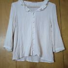MNG Mango Women's Size 2 Off White Button Front 3/4 Sleeve Blouse With Ruffle