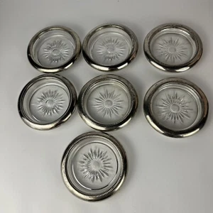 Vintage MCM 7 Sterling Silver And Glass Coasters Cut Glass 4” Wise Made In Italy - Picture 1 of 11