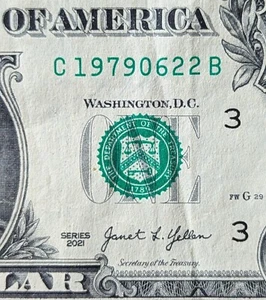 2021 $1 bill fancy serial, birthday date note June 22, 1979. C 19790622 B - Picture 1 of 3