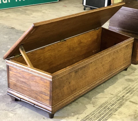 RARE ANTIQUE 54" OAK WOOD HOPE CHEST TRUNK w/ SLANTED END VINTAGE ODD PIECE Cover
