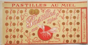 Etichetta in latta caramelle francesi anni 1890, Pastilles au Miel, ape miele, litografia a colori - Foto 1 di 1