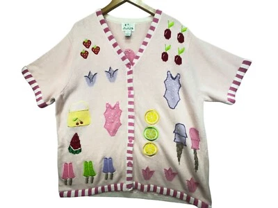 Quacker Factory Womens Knitted Cardigan Sweater Size 1X Pink Embroidered Summer - Image 1 of 4