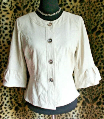 WILLI SMITH Beige Linen Blend & Stretch Button Up Blouse 3/4 Flare Sleeve Sz M  - Image 1 of 4