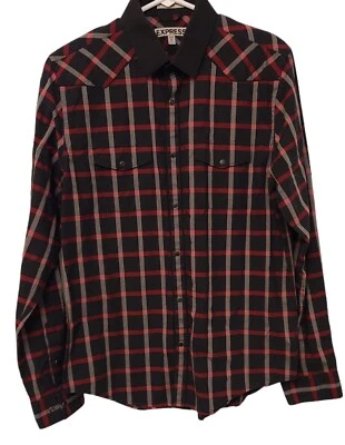 Camisa Express Western Perla A Presión A Cuadros Ajustada Negra/Roja/Gris 15-15.5 Med Usada en Excelente Condición  Foto 1 de 4
