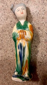 Antique Chinese Terracotta Mud Woman Sancai Drip Glazed Green Yellow Blue 7" - Picture 1 of 17