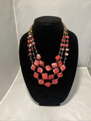Necklace Red Orange Abalone with Chain Link and Wood Bead Spacers 3 Strand 16" - Image 1 of 3