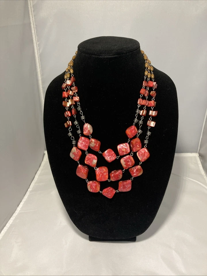 Collar Abulón Rojo Naranja con Eslabón de Cadena y Espaciadores de Cuentas de Madera 3 Hilos 16" Foto 1 de 3