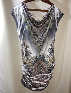 Vtg dots Cowl Neck Top Geo Paisley Earth tones Stud Neckline Crisscross Back 1X - Picture 1 of 8
