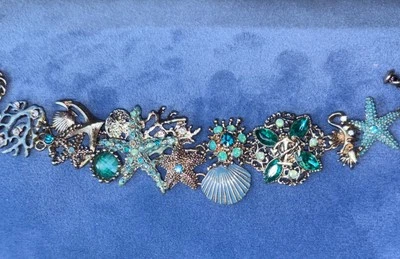Enameled Coastal Seashore Brass Stars Shells Turquoise Bracelet 7.5 “ - Image 1 of 4
