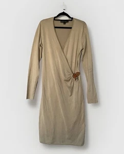 Vintage Ralph Lauren Beige Silk Dress with Leather Buckle – Size M- Midi Length - Picture 1 of 6
