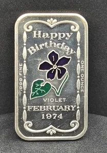 Vintage 1974 Happy Birthday Violet February A Ceeco 1oz .999 Fine Silver Art Bar - Picture 1 of 7